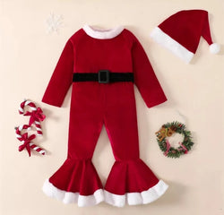 Toddler Baby's Clothes Girl 2PCS Christmas Outfits Long Sleeve Belted Jumpsuit Flare Pants Santa Hat Children's Clothing Set