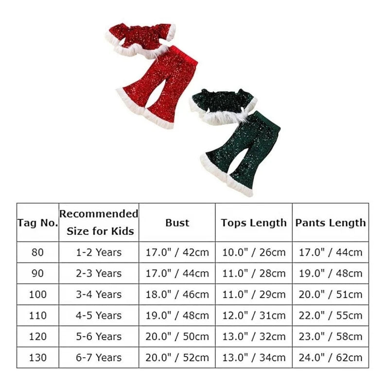 Kids Girls Christmas Outfit Fur Sequined Short Sleeve Off-shoulder Tops with Elastic Waist Flare Pants