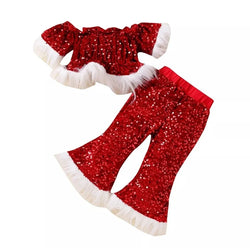 Kids Girls Christmas Outfit Fur Sequined Short Sleeve Off-shoulder Tops with Elastic Waist Flare Pants