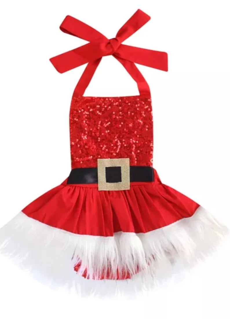 Christmas Twins Triplets Baby Girl Sequin Santa Dress, Bodysuit, Sleeveless Halter Dress for Infant, Baby Holiday Outfit