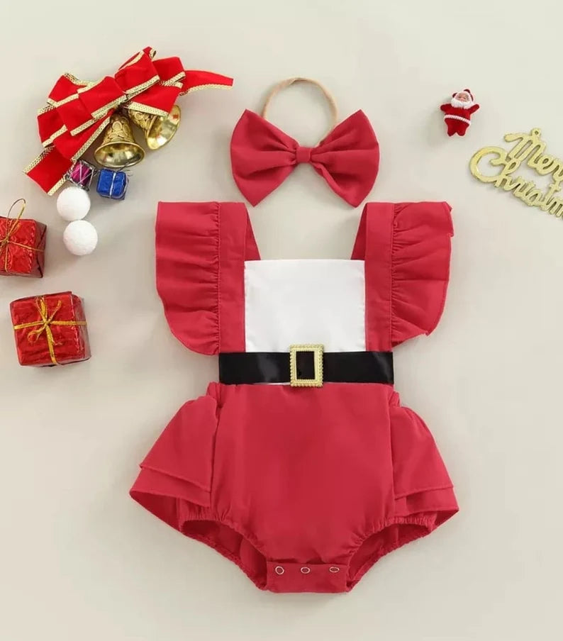 Newborn Christmas Baby Girl Jumpsuit Set Contrast Color Casual Fly-sleeve Rompers with Belt Headband