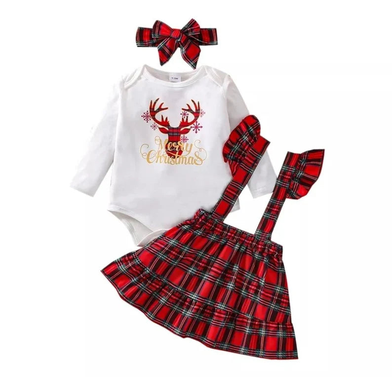 Toddler Girls Christmas Skirt Set Long Sleeve T-shirt Plaid Santa Claus Print Suspender Skirt Holiday Toddler Outfits