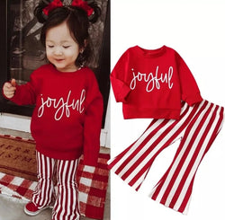 Christmas Baby Girl Casual Set 2022 Xmas Kid Letter Sweatshirt T Shirt Top + Stripped Flare Pants 2PC Outfit Suit Clothes