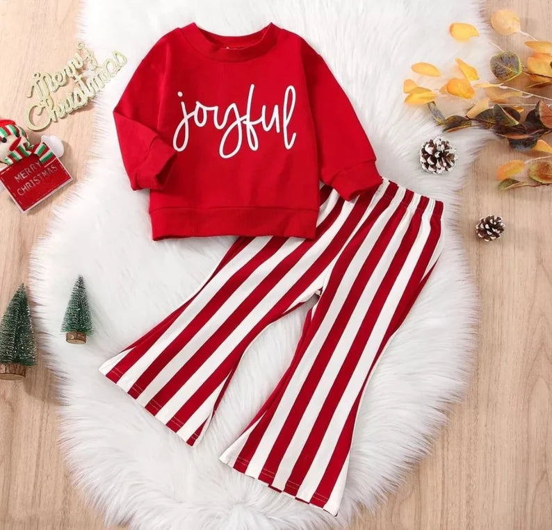 Christmas Baby Girl Casual Set 2022 Xmas Kid Letter Sweatshirt T Shirt Top + Stripped Flare Pants 2PC Outfit Suit Clothes
