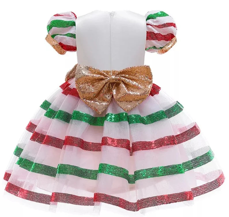 Princess Kids Christmas Dress Sequins Bow Dress For Girls Xmas Candy Cane Dress