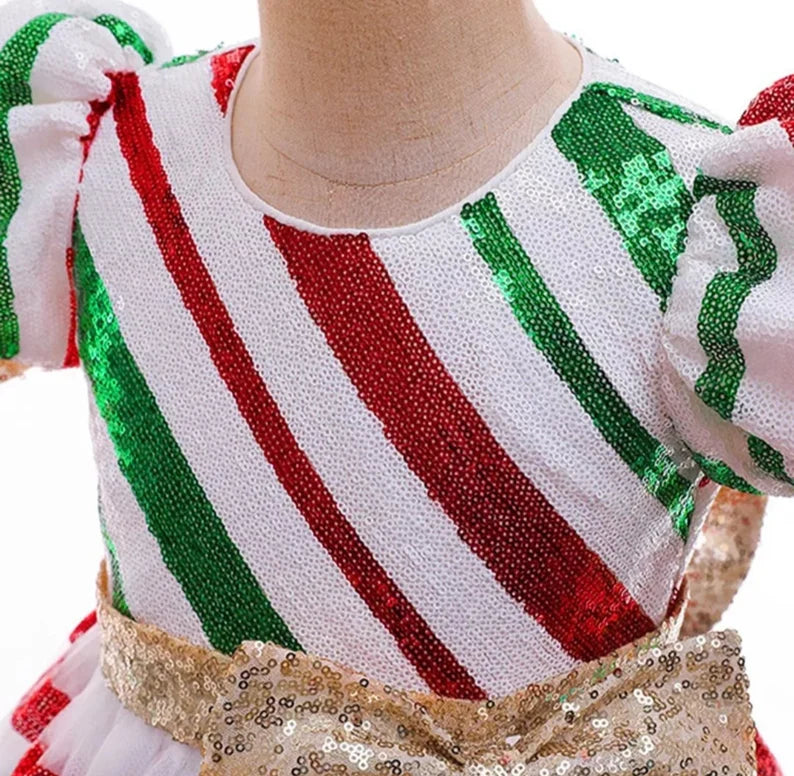 Princess Kids Christmas Dress Sequins Bow Dress For Girls Xmas Candy Cane Dress