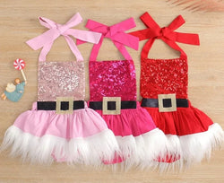Christmas Twins Triplets Baby Girl Sequin Santa Dress, Bodysuit, Sleeveless Halter Dress for Infant, Baby Holiday Outfit