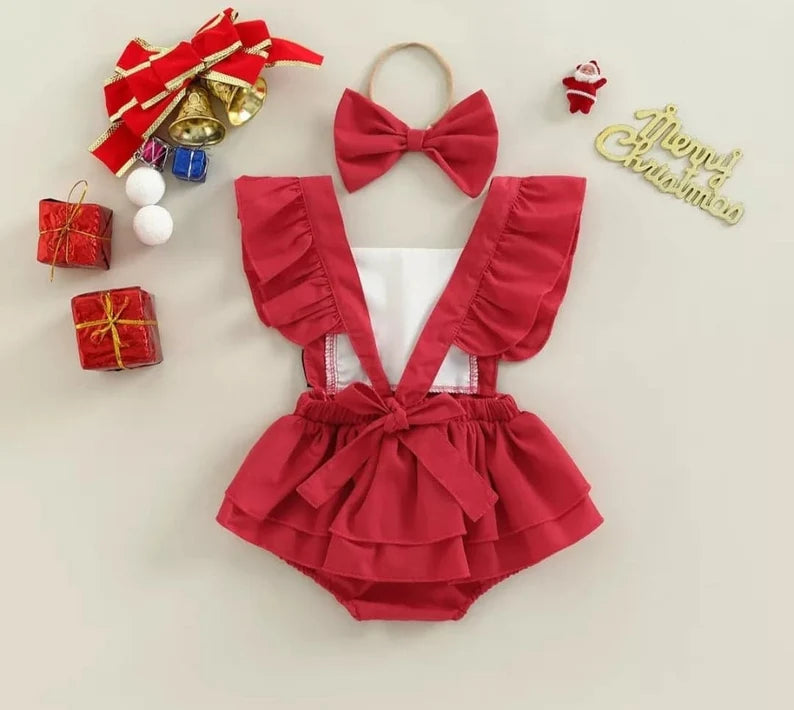Newborn Christmas Baby Girl Jumpsuit Set Contrast Color Casual Fly-sleeve Rompers with Belt Headband