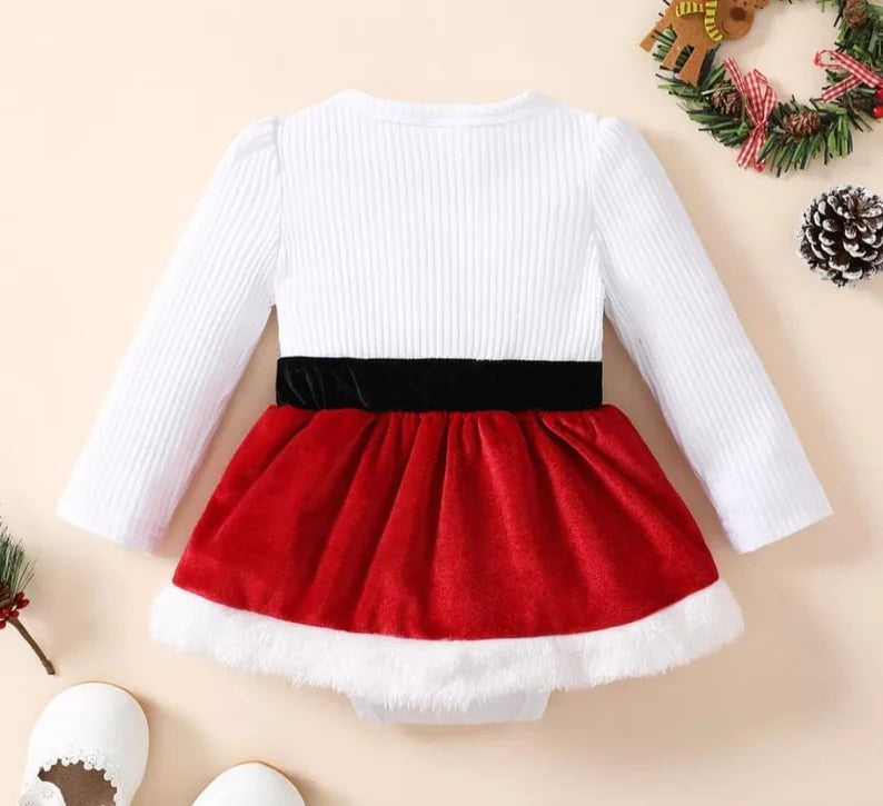 Infant Baby Girl Christmas Jumpsuit Dress Santa Baby Long Sleeve A-Line Jumpsuit with Bow