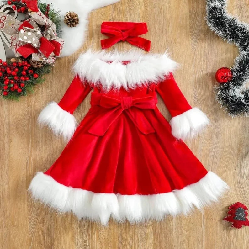 Toddler Kid Baby Girl Christmas Faux Fur Patchwork Long Sleeve Off Shoulder A-Line Dress Belt Santa Clause Outfit