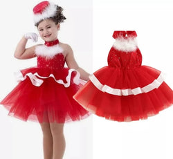 Kids Girls Christmas Dress Sleeveless Halterneck Sequined Lace Tulle Patchwork Tutu Dress