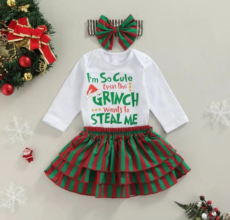 Toddler Baby Girl’s Three Piece Suit Fashion Letter Long Sleeve Romper and Stripe Short Skirt & Headband Grinch Outfit
