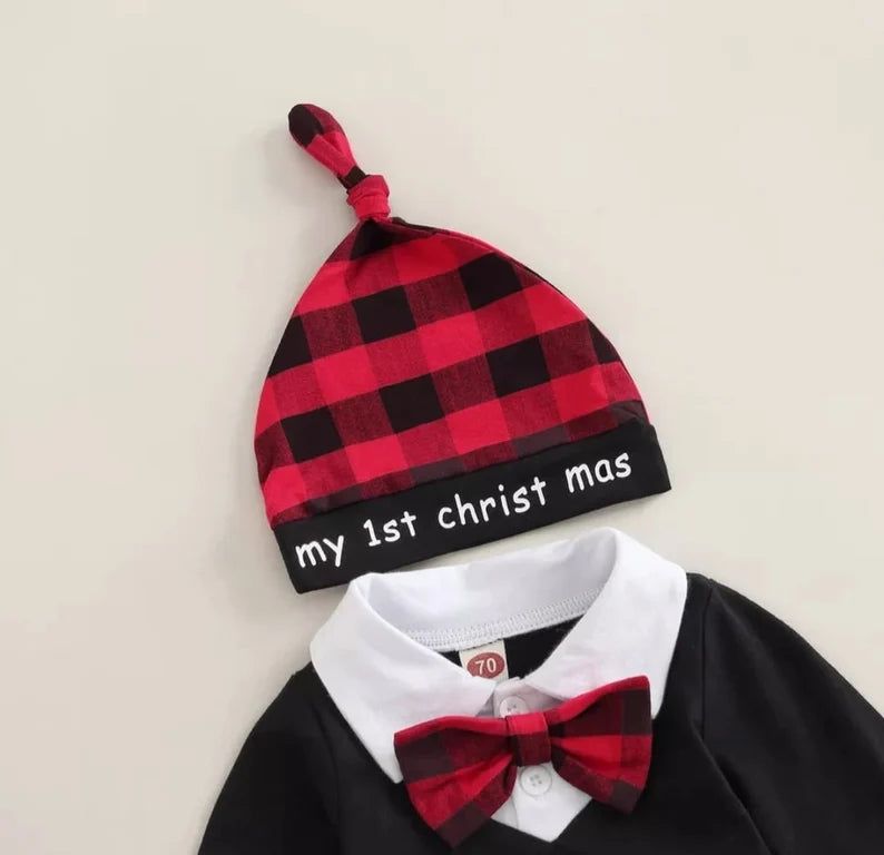 Infant Baby Boys Christmas Letter Print Lapel Long Sleeve Romper Bow Tie Plaid Trousers+ Hat My First Christmas