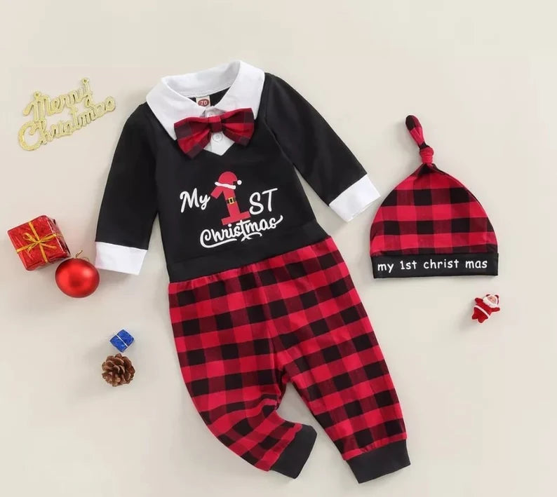 Infant Baby Boys Christmas Letter Print Lapel Long Sleeve Romper Bow Tie Plaid Trousers+ Hat My First Christmas