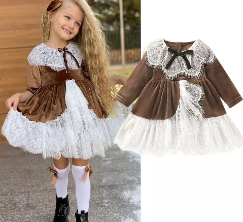 Children Dress Girl Winter Red Velvet Dress Lace Patchwork Party Elegant Adorable Girls Christmas Outfit