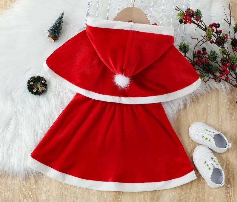 Children Dress Girls Winter Red Dress with Hoodie Cape Elegant Adorable Girls Christmas Outfit