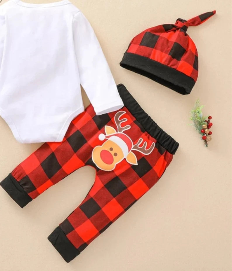 My First Christmas Outfits For Baby Boy Clothes Set and Hat Xmas Deer Romper+Plaid Pants Baby Boy Christmas Costume