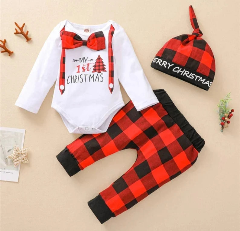 My First Christmas Outfits For Baby Boy Clothes Set and Hat Xmas Deer Romper+Plaid Pants Baby Boy Christmas Costume