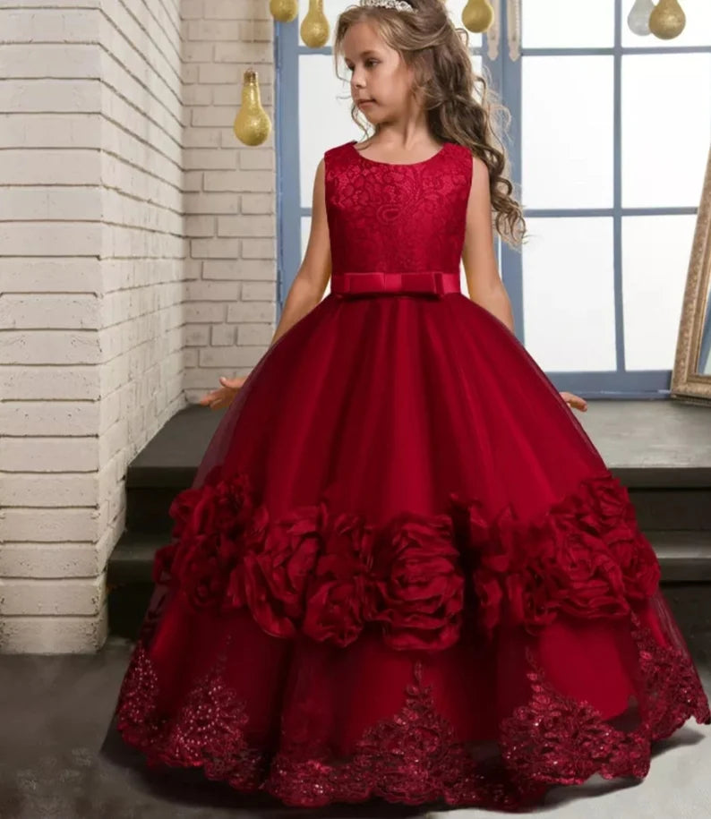 Kids Christmas New Years Eve Holiday Valentine's Day Dress Fluffy Lace Princess Dress for Girls Gown Elegant Dance Performance Pageant