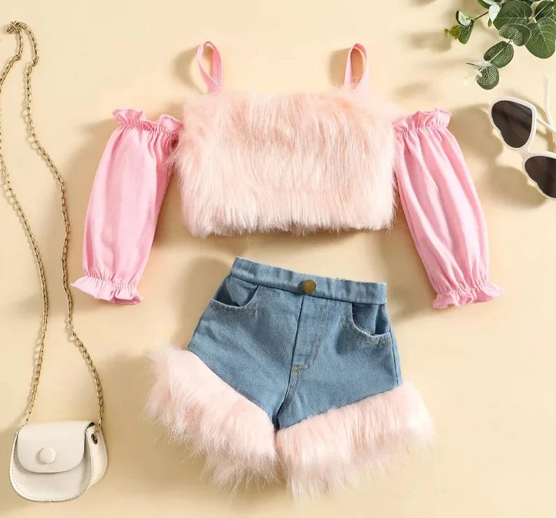 Girls Autumn Clothes Set Baby Off Shoulder Long Sleeve Plush Tops + Fur Trim Denim Short Pants Toddler Fashion Outfits