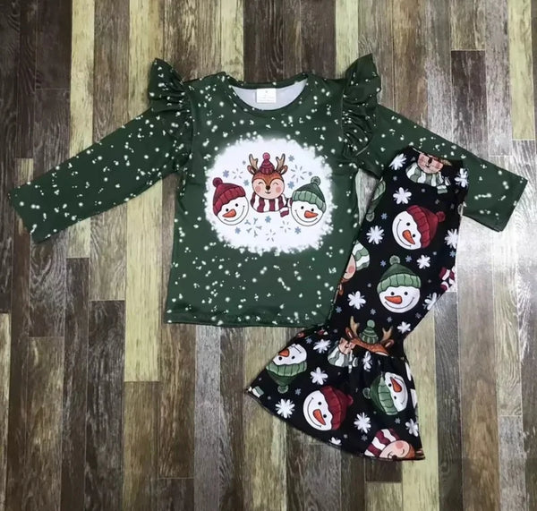 Children's Christmas adorable snowman and moose cartoon lace green long sleeve girl bell bottom suit