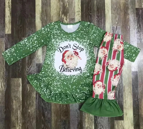 Children's Christmas adorable snowman and moose cartoon lace green long sleeve girl bell bottom suit
