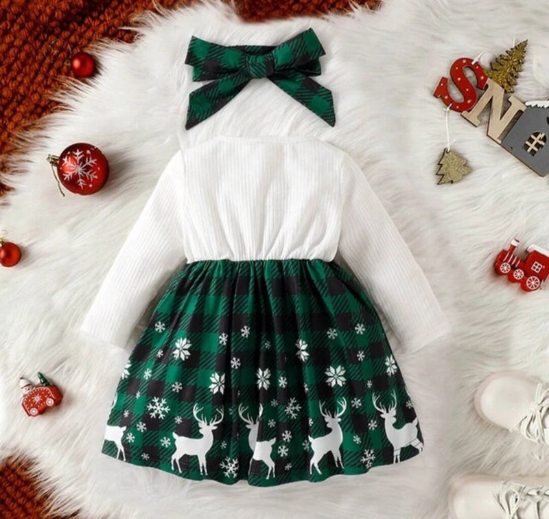 Christmas Green Dress Toddler Baby Girls Deer Snowflake Print Patchwork Dress Outfit Long Sleeve Princess Dress Headband 2PC Set