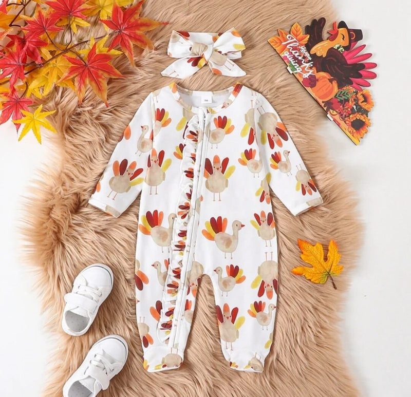 Newborn Baby Girls Rompers Thanksgiving Turkey Print Long Sleeve Footed Jumpsuits with Headband