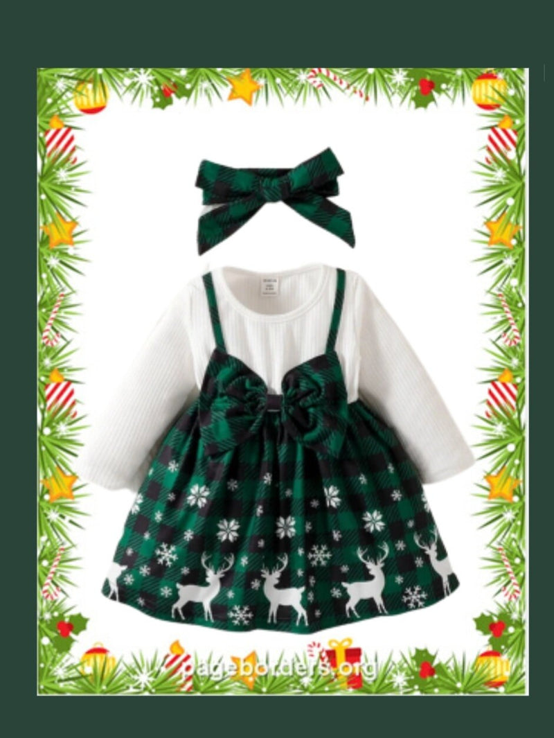 Christmas Green Dress Toddler Baby Girls Deer Snowflake Print Patchwork Dress Outfit Long Sleeve Princess Dress Headband 2PC Set