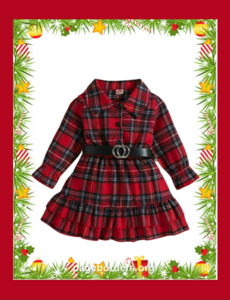 Toddler Girl Christmas Dress Fashion Belted V-neck Red Plaid Dress Winter New Year Clothes Kids Dresses For Girls