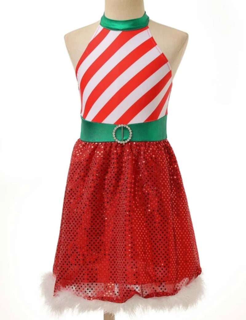 Teen Girls Christmas Striped Shiny Leotard Dress Xmas New Year Party Ballet Dance Skating Tutu Cosplay Stage Performance Costume