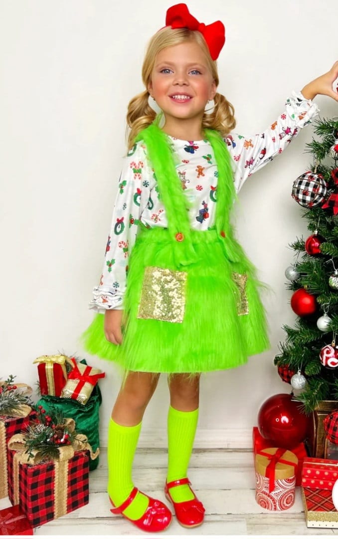 Merry Mischief  Long Sleeved Top & Fur Suspender Set Fur Christmas Monster Outfit Siblings Dress Up Boys and Girls Outfit Costume